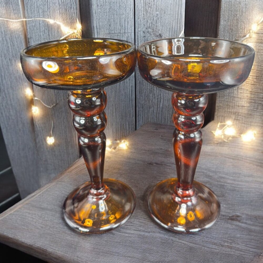 Vintage Mid Century Amber Glass Candle Holders Votive Pillar Heavy Glass‎ Set 2
